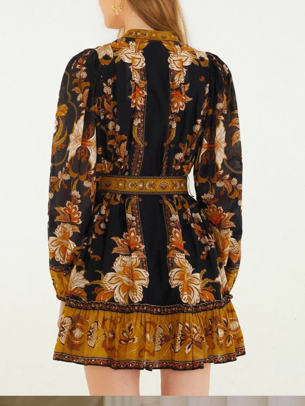 FARM Rio Black Mini Dress with Gold & Orange Floral Print - Picture 3 of 4